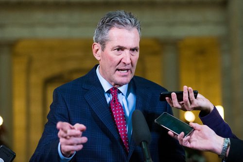 MIKAELA MACKENZIE / WINNIPEG FREE PRESS
Premier Brian Pallister speaks to the media about allegedly illegal cannabis sold in Saskatchewan by Manitoba company Bonify in Winnipeg on Thursday, Dec. 20, 2018. 
Winnipeg Free Press 2018.