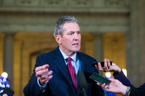 MIKAELA MACKENZIE / WINNIPEG FREE PRESS
Premier Brian Pallister speaks to the media about allegedly illegal cannabis sold in Saskatchewan by Manitoba company Bonify in Winnipeg on Thursday, Dec. 20, 2018. 
Winnipeg Free Press 2018.