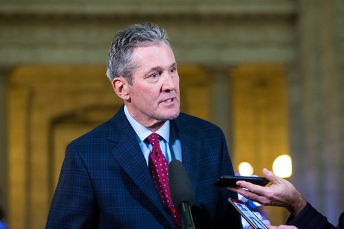 MIKAELA MACKENZIE / WINNIPEG FREE PRESS
Premier Brian Pallister speaks to the media about allegedly illegal cannabis sold in Saskatchewan by Manitoba company Bonify in Winnipeg on Thursday, Dec. 20, 2018. 
Winnipeg Free Press 2018.