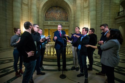 MIKAELA MACKENZIE / WINNIPEG FREE PRESS
Premier Brian Pallister speaks to the media about allegedly illegal cannabis sold in Saskatchewan by Manitoba company Bonify in Winnipeg on Thursday, Dec. 20, 2018. 
Winnipeg Free Press 2018.