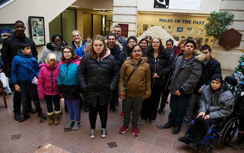 MIKE DEAL / WINNIPEG FREE PRESS
Students in Dakota Collegiate's Skills for Living Program arrive at the offices to the Winnipeg Free Press to donate money they raised to for the Miracle on Mountain fundraiser. The money will be going to the Christmas Cheer Board.
181220 - Thursday, December 20, 2018.