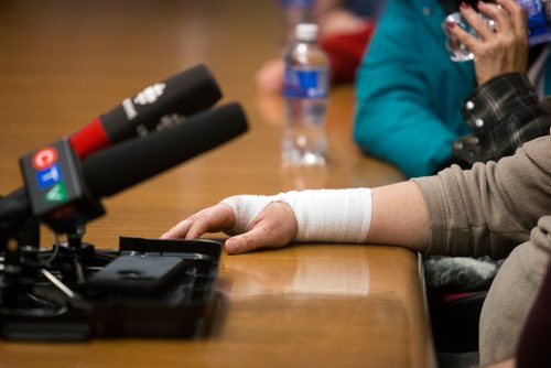 MIKAELA MACKENZIE / WINNIPEG FREE PRESS
Gerald Harris' injured hand at the family press conference at the Grace Hospital after their home burned down just days before Christmas in Winnipeg on Friday, Dec. 21, 2018. 
Winnipeg Free Press 2018.
On December 20, 2018, at 1:20 am, Headingley RCMP received a report of a house fire on Park Avenue in Oak Bluff, Manitoba.