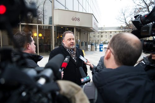 MIKAELA MACKENZIE / WINNIPEG FREE PRESS
Jamie Kagan, lawyer for the Keystone Junior Hockey League speaks to the media outside of the Law Courts in Winnipeg on Friday, Dec. 21, 2018. 
Winnipeg Free Press 2018.