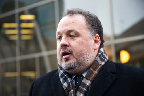 MIKAELA MACKENZIE / WINNIPEG FREE PRESS
Jamie Kagan, lawyer for the Keystone Junior Hockey League speaks to the media outside of the Law Courts in Winnipeg on Friday, Dec. 21, 2018. 
Winnipeg Free Press 2018.