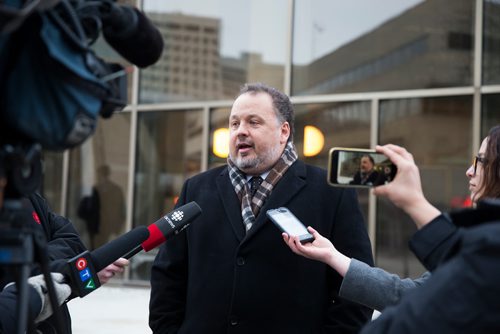 MIKAELA MACKENZIE / WINNIPEG FREE PRESS
Jamie Kagan, lawyer for the Keystone Junior Hockey League speaks to the media outside of the Law Courts in Winnipeg on Friday, Dec. 21, 2018. 
Winnipeg Free Press 2018.