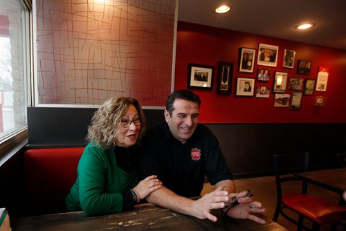 PHIL HOSSACK / WINNIPEG FREE PRESS - Red Top Restaurant owner Vicky Scouras and about to be owner Stavros Athanasiadis laugh sharing the restaurant's history with the Free Press. Alex Paul's story. December 21, 2018.