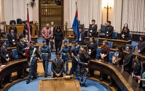 DAVID LIPNOWSKI / WINNIPEG FREE PRESS

The opening ceremonies for the 97th annual Winter Session of The Youth Parliament of Manitoba featured the 170 St James royal Canadian air cadets honour guard in the Manitoba Legislative Building chambers Wednesday December 26, 2018.