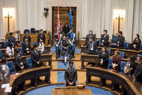 DAVID LIPNOWSKI / WINNIPEG FREE PRESS

The opening ceremonies for the 97th annual Winter Session of The Youth Parliament of Manitoba featured the 170 St James royal Canadian air cadets honour guard in the Manitoba Legislative Building chambers Wednesday December 26, 2018.