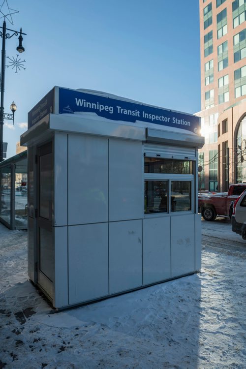 DAVID LIPNOWSKI / WINNIPEG FREE PRESS

Winnipeg Transit Inspector Stations are now operating at two downtown safety hot spots, including this one at Portage Avenue and Vaughan Street Thursday December 27, 2018.