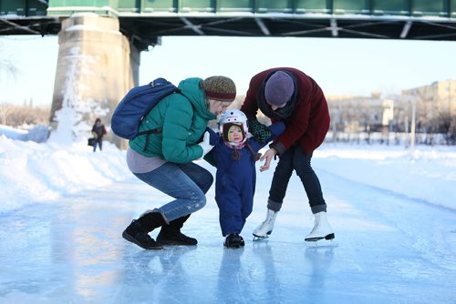 RUTH BONNEVILLE / WINNIPEG FREE PRESS

Cora Newsom (11/2yrs), learns to skate with the help of her mom Judith (left, green) and auntie, Rebekah Friesen (red), on the newly opened Red River Mutual Trail on the Assiniboine River, Friday.  

The first section of the trail opened Friday and afternoon hopes that further extensions to the trail can be open in the coming week.   

Dec 287th,  2018