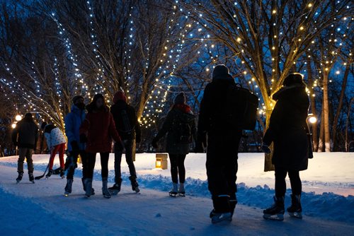 Daniel Crump / Winnipeg Free Press. Skaters brave a skate under the lights on the freshly opened skating trail at the Forks. December 29, 2018.