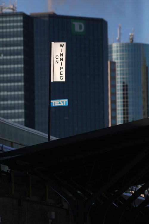 RUTH BONNEVILLE / WINNIPEG FREE PRESS

49.8 - rail safety feature story.

Photo of Sign at Main Street CN Train Station - Winnipeg.  

Dec 31st,  2018