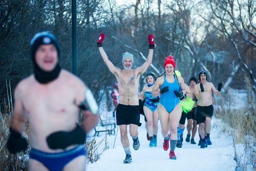 MIKAELA MACKENZIE / WINNIPEG FREE PRESS
Winnipeggers tough it out in little clothing despite the extreme cold warning at the annual New Year's Day Polar Bare Run at Assiniboine Park in Winnipeg on Tuesday, Jan. 1, 2019. 
Winnipeg Free Press 2018.