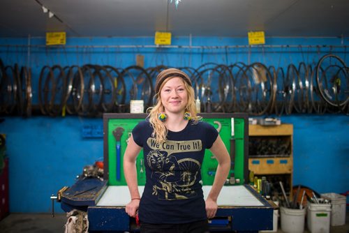 MIKAELA MACKENZIE / WINNIPEG FREE PRESS
Sarah Thiessen, Skill Jill coordinator, poses for photos at the W.R.E.N.C.H. bike shop in Winnipeg on Wednesday, Jan. 2, 2019. 
Winnipeg Free Press 2018.