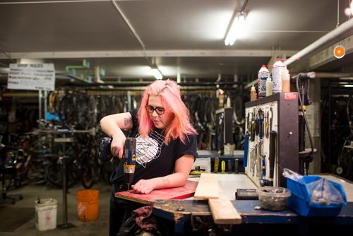 MIKAELA MACKENZIE / WINNIPEG FREE PRESS
Kelly Campbell, carpentry instructor, poses for photos at the W.R.E.N.C.H. bike shop in Winnipeg on Wednesday, Jan. 2, 2019. 
Winnipeg Free Press 2018.