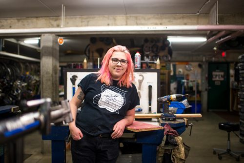 MIKAELA MACKENZIE / WINNIPEG FREE PRESS
Kelly Campbell, carpentry instructor, poses for photos at the W.R.E.N.C.H. bike shop in Winnipeg on Wednesday, Jan. 2, 2019. 
Winnipeg Free Press 2018.