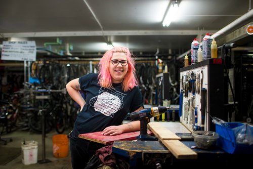 MIKAELA MACKENZIE / WINNIPEG FREE PRESS
Kelly Campbell, carpentry instructor, poses for photos at the W.R.E.N.C.H. bike shop in Winnipeg on Wednesday, Jan. 2, 2019. 
Winnipeg Free Press 2018.