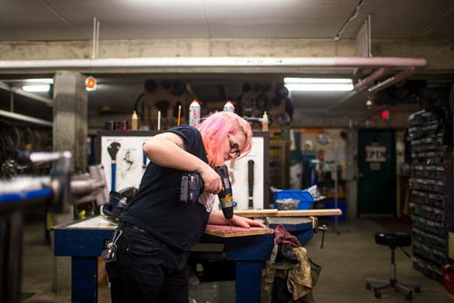 MIKAELA MACKENZIE / WINNIPEG FREE PRESS
Kelly Campbell, carpentry instructor, poses for photos at the W.R.E.N.C.H. bike shop in Winnipeg on Wednesday, Jan. 2, 2019. 
Winnipeg Free Press 2018.