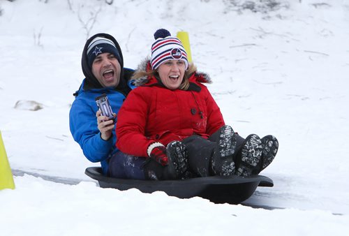 RUTH BONNEVILLE / WINNIPEG FREE PRESS

Families take advantage of the warmer weather and go sliding at Fort Whyte during their winter holidays on Wednesday.

Names: Karla and Matthew Havelka laugh as they toboggan together while with their kids at  Fort Whyte Wednesday. 


Standup photo 

Jan 02, 2019