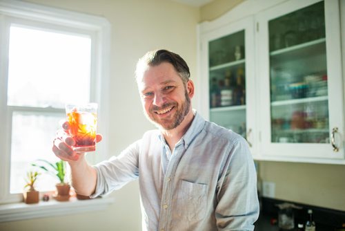 MIKAELA MACKENZIE / WINNIPEG FREE PRESS
Josey Krahn toasts with a spritz at his home bar in Winnipeg on Thursday, Jan. 3, 2019. 
Winnipeg Free Press 2018.