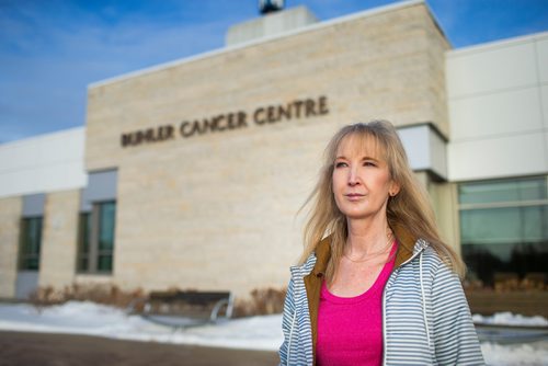 MIKAELA MACKENZIE / WINNIPEG FREE PRESS
Jennifer Zyla, who goes for Herceptin infusions every 3 weeks to keep her breast cancer from returning and is worried that the pumps used to administer it are beyond their inspection due date, poses for a photo at the Buhler Cancer Centre in Winnipeg on Thursday, Jan. 3, 2019. 
Winnipeg Free Press 2018.