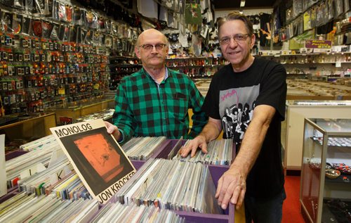 MIKE DEAL / WINNIPEG FREE PRESS
Jon Krocker (left) with his album that was pressed in October 2018, 36 years after it came out on cassette. The producer of the original cassette is Roman Panchyshyn (right), owner of Wild Planet.
190103 - Thursday, January 03, 2019.