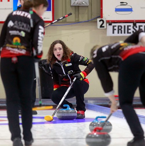 PHIL HOSSACK / WINNIPEG FREE PRESS -Mackenzie Zacharias shouts commands as third Lauryn Kuzyk (left) and Caitlyn Laboissier bring a rock home Thursday at the Heather Curling Club.  See Mike Sawatzky story. - January 3, 2019.