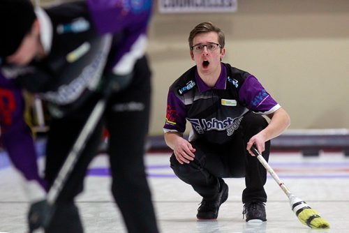 PHIL HOSSACK / WINNIPEG FREE PRESS -JT Ryan's third Jacques Gauthier bellows commands as sweeps guide his rock against Ghislain Courcelles' rink Thursday at the Heather Curling Club.  See Mike Sawatzky story. - January 3, 2019.