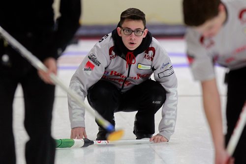 PHIL HOSSACK / WINNIPEG FREE PRESS -JT Ryan's third Jacques Gauthier throws against Ghislain Courcelles' rink Thursday at the Heather Curling Club.  See Mike Sawatzky story. - January 3, 2019.
