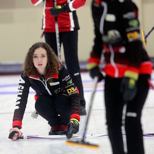 PHIL HOSSACK / WINNIPEG FREE PRESS -Skip Mackenzie Zacharias follows her rock Thursday at the Heather Curling Club. See Mike Sawatzky story. - January 3, 2019.