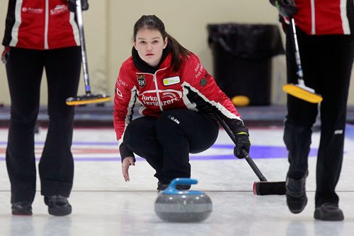 PHIL HOSSACK / WINNIPEG FREE PRESS -Skip Emma Jensen watches her toss against Mackenzie Zacharias' rink Thursday at the Heather Curling Club.  See Mike Sawatzky story. - January 3, 2019.