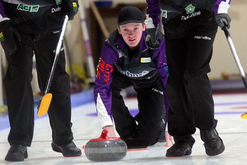 PHIL HOSSACK / WINNIPEG FREE PRESS -JT Ryan throws against Ghislain Courcelles' rink Thursday at the Heather Curling Club.  See Mike Sawatzky story. - January 3, 2019.