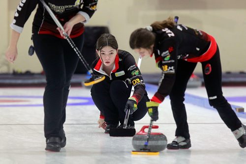PHIL HOSSACK / WINNIPEG FREE PRESS -Mackenzie Zacharias third Lauryn Kuzyk watches her throw as sweepers Caitlyn Laboissier (left) and Emily Zacharias close in Thursday at the Heather Curling Club.  See Mike Sawatzky story. - January 3, 2019.