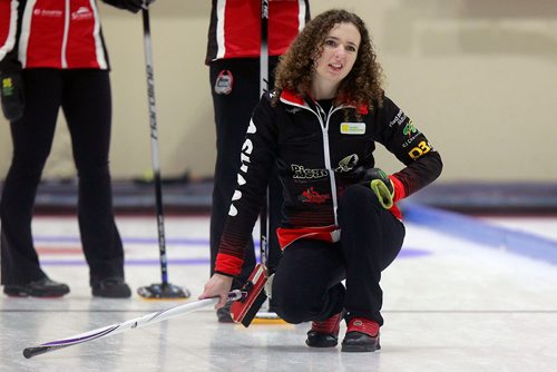 PHIL HOSSACK / WINNIPEG FREE PRESS - Skip MacKenzie Zacharias judges her rock's performance Thursday at the Heather Curling Club.  See Mike Sawatzky story. - January 3, 2019.