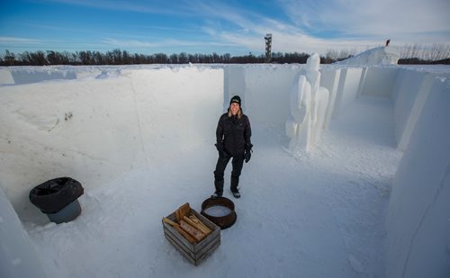 MIKE DEAL / WINNIPEG FREE PRESS
Angie Masse in one of the five rooms where people will be able to warm themselves by a fire pit if they get lost.
Clint and Angie Masse who own A Maze in Corn near St. Adolphe have constructed a maze made of snow they hope will break a world record.
190104 - Friday, January 04, 2019.
