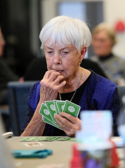 RUTH BONNEVILLE / WINNIPEG FREE PRESS

Story for Sunday feature: Bridge players build community around card tables at Soul Sanctuary church.
 
Set of action shots of people playing pool Wednesday afternoon.  

Photo of Charlotte Murrell playing. 

See Brenda Suderman story. 

 Jan 02, 2019 
