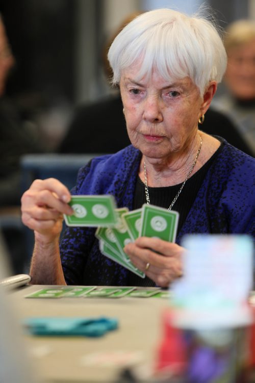 RUTH BONNEVILLE / WINNIPEG FREE PRESS

Story for Sunday feature: Bridge players build community around card tables at Soul Sanctuary church.
 
Set of action shots of people playing pool Wednesday afternoon.  

Photo of Charlotte Murrell playing. 

See Brenda Suderman story. 

 Jan 02, 2019 
