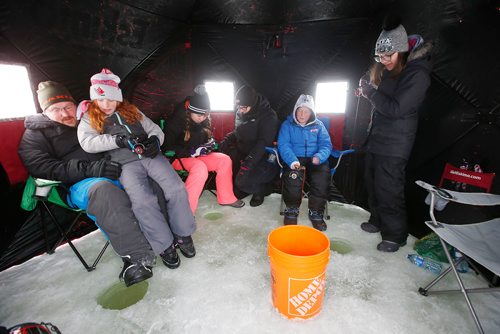 JOHN WOODS / WINNIPEG FREE PRESS
From left, Mike, Emily, Abby, Tracy, Colin, Grace Bakan fish at KidFish Ice Derby in Selkirk in support of The Children's Hospital Foundation and CancerCare Manitoba Foundation Sunday, January 6, 2019.
