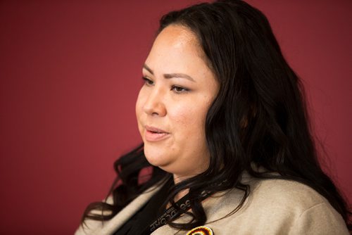 MIKAELA MACKENZIE / WINNIPEG FREE PRESS
Natalie Daniels, representative of the Southern Chiefs Organization announces the launch of Manitobas first social impact bond restoring traditional childbirth practices with the aim of keeping newborns with their mothers and out of CFS at a press conference in Headingley on Monday, Jan. 7, 2019. 
Winnipeg Free Press 2018.