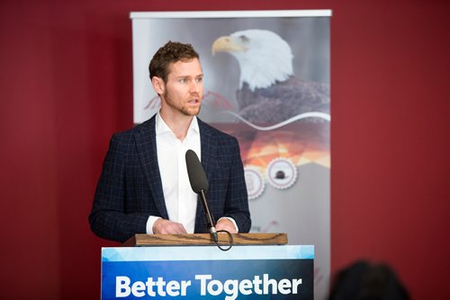 MIKAELA MACKENZIE / WINNIPEG FREE PRESS
Adam Jagelewski, director of the MaRS Discovery District, announces the launch of Manitobas first social impact bond restoring traditional childbirth practices with the aim of keeping newborns with their mothers and out of CFS at a press conference in Headingley on Monday, Jan. 7, 2019. 
Winnipeg Free Press 2018.