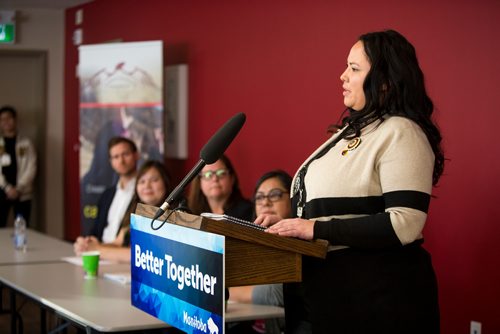 MIKAELA MACKENZIE / WINNIPEG FREE PRESS
Natalie Daniels, representative of the Southern Chiefs Organization announces the launch of Manitobas first social impact bond restoring traditional childbirth practices with the aim of keeping newborns with their mothers and out of CFS at a press conference in Headingley on Monday, Jan. 7, 2019. 
Winnipeg Free Press 2018.