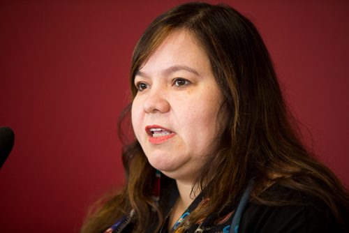 MIKAELA MACKENZIE / WINNIPEG FREE PRESS
Jolene Mercer, team member at Wiijiiidewag Ikewag and doula, announces the launch of Manitobas first social impact bond restoring traditional childbirth practices with the aim of keeping newborns with their mothers and out of CFS at a press conference in Headingley on Monday, Jan. 7, 2019. 
Winnipeg Free Press 2018.