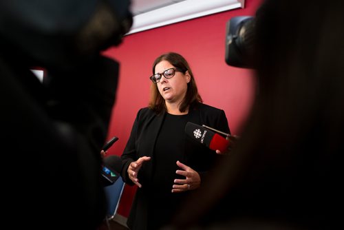 MIKAELA MACKENZIE / WINNIPEG FREE PRESS
Families Minister Heather Stefanson speaks with the media after announcing the launch of Manitobas first social impact bond restoring traditional childbirth practices with the aim of keeping newborns with their mothers and out of CFS at a press conference in Headingley on Monday, Jan. 7, 2019. 
Winnipeg Free Press 2018.