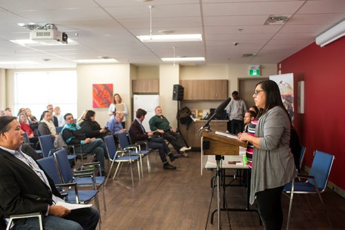 MIKAELA MACKENZIE / WINNIPEG FREE PRESS
Tara Petti, CEO of the Southern Network, announces the launch of Manitobas first social impact bond restoring traditional childbirth practices with the aim of keeping newborns with their mothers and out of CFS at a press conference in Headingley on Monday, Jan. 7, 2019.
Winnipeg Free Press 2018.