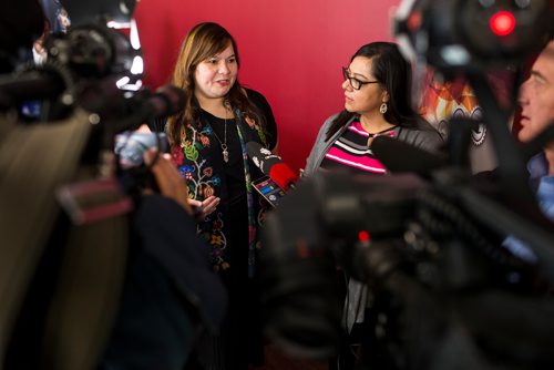 MIKAELA MACKENZIE / WINNIPEG FREE PRESS
Jolene Mercer (left) and Tara Petti speak with the media after announcing the launch of Manitobas first social impact bond restoring traditional childbirth practices with the aim of keeping newborns with their mothers and out of CFS at a press conference in Headingley on Monday, Jan. 7, 2019. 
Winnipeg Free Press 2018.