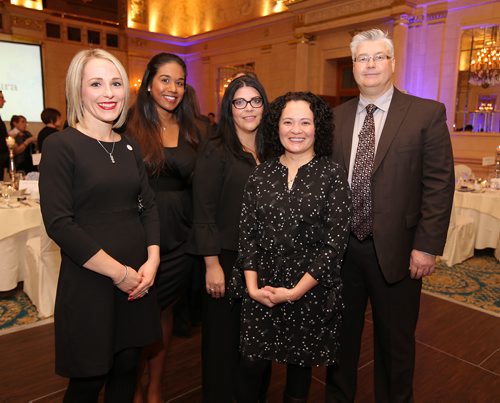 JASON HALSTEAD / WINNIPEG FREE PRESS

Sponsor Kid Think, L-R: Kari Deschambault, Christina Rambarran, Rossana Astacio, Analyn Einarson and Cameron MacMartin at the Anxiety Disorders Association of Manitoba's Eve for ADAM gala fundraiser Nov. 10, 2018 at the Hotel Fort Garry's Crystal Ballroom. (See Social Page)