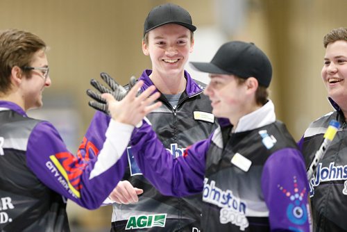 JOHN WOODS / WINNIPEG FREE PRESS
JT Ryan celebrates his win against the Jordan McDonald team with teammates Jacques Gauthier, Jordan Peters and Cole Chandler in the Manitoba Junior Championships Monday, January 6, 2019.