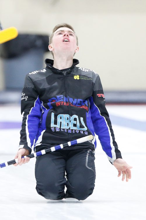 JOHN WOODS / WINNIPEG FREE PRESS
Jordan McDonald reacts to his shot in his final against the JT Ryan team in the Manitoba Junior Championships Monday, January 6, 2019.