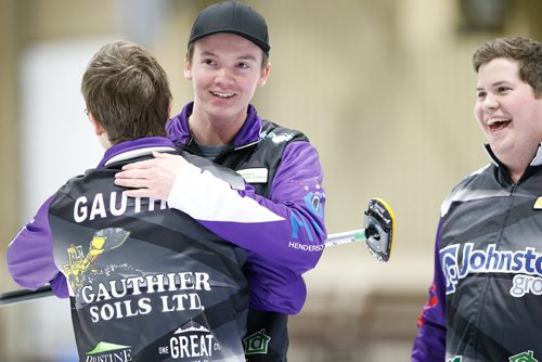 JOHN WOODS / WINNIPEG FREE PRESS
JT Ryan celebrates his win against the Jordan McDonald team with teammates Jacques Gauthier and Cole Chandler in the Manitoba Junior Championships Monday, January 6, 2019.