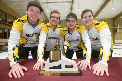 JOHN WOODS / WINNIPEG FREE PRESS
From left, JT Ryan, Jacques Gauthier, Jordan Peters and Cole Chandler defeated the Jordan McDonald team in the Manitoba Junior Championships Monday, January 6, 2019.